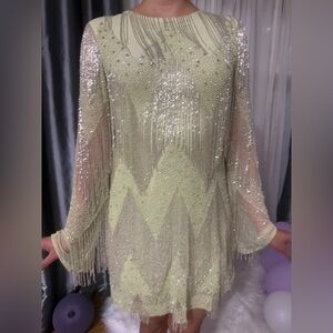 Rachel Gilbert Sequin Long Sleeve Dress in Cream and Silver